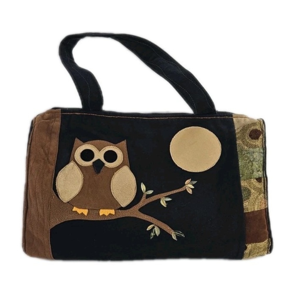 Vtg Owl Appliqué Quilted Handbag Purse Denim Suede Leather Fabric Handmade 1970s